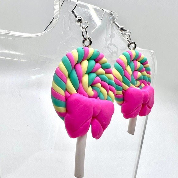 Rainbow Swirl Lollipop Sucker Earrings - Pink Bow with Pastel Rainbow - Picture 2 of 6
